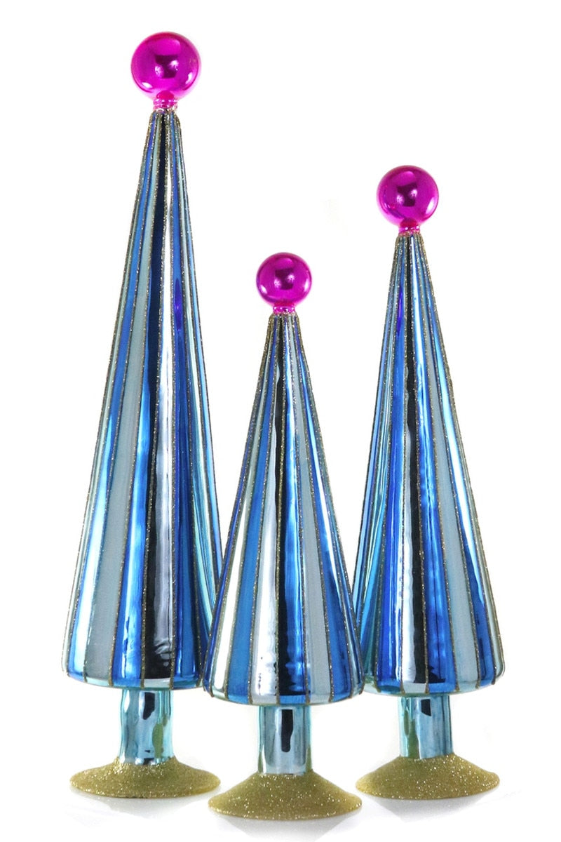 Striped Blue Pleated Glass Trees, Set of 3
