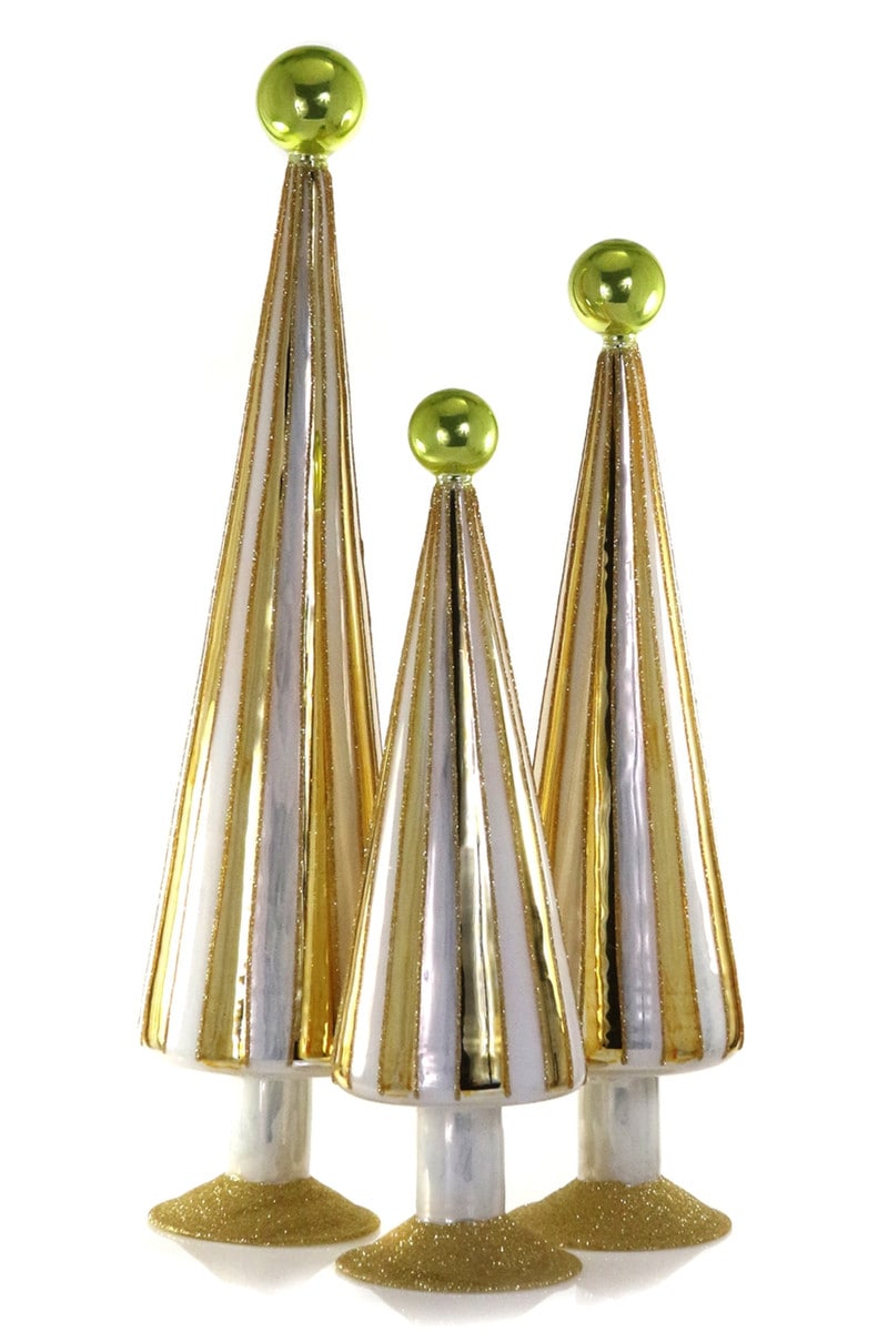 Striped Gold & Green Pleated Glass Trees, Set of 3
