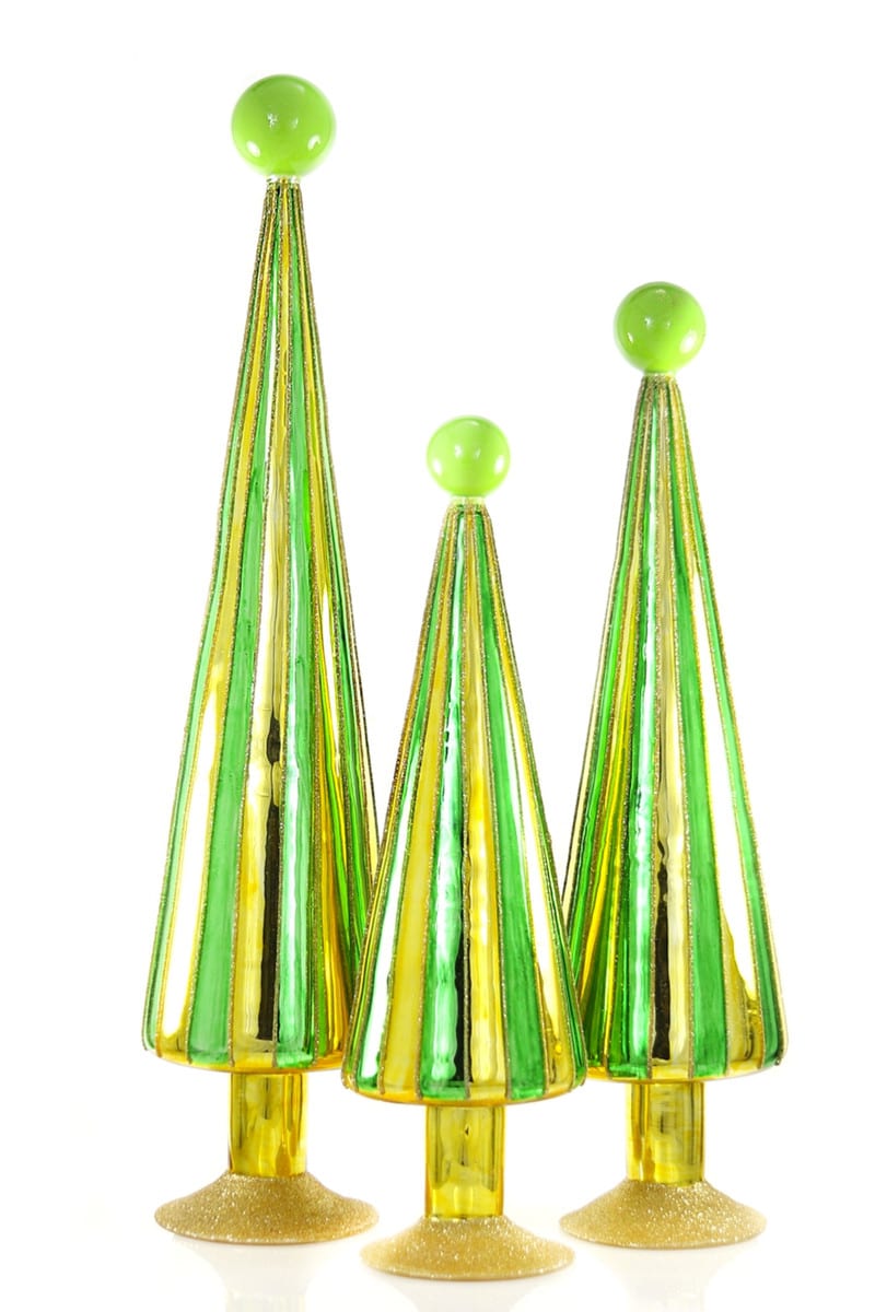 Striped Green Pleated Glass Trees, Set of 3