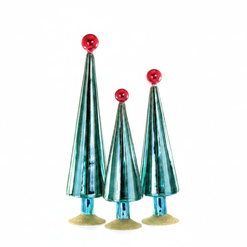 Pleated Glass Trees, Juniper/Red Set of 3