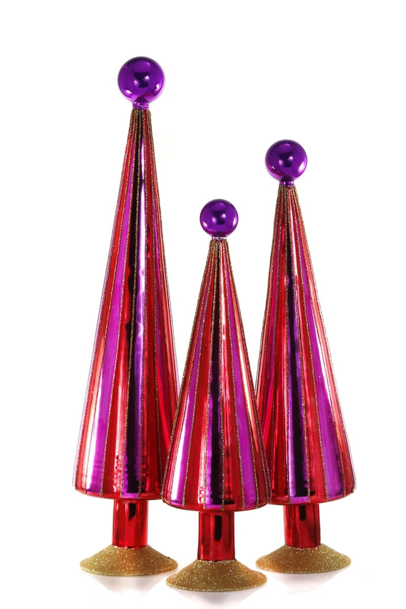 Striped Pink Pleated Glass Trees, Set of 3