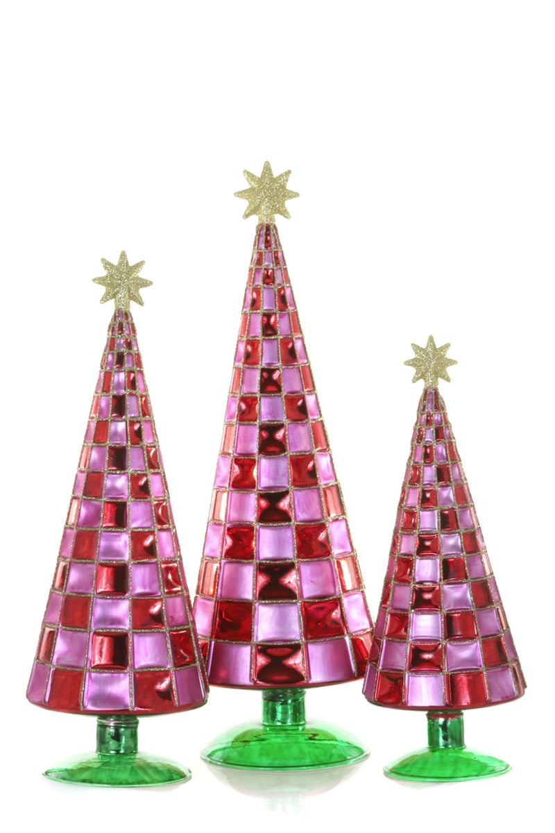 Gingham Pink Glass Trees, Set of 3