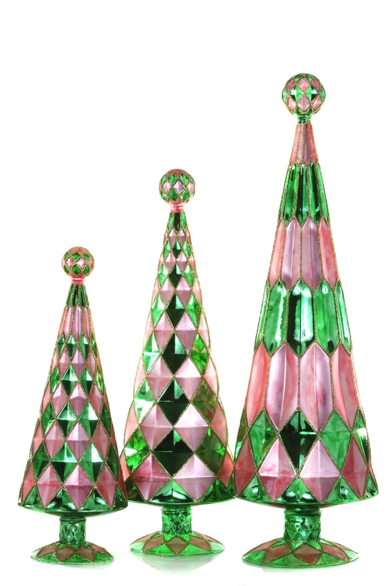 Harlequin Glass Trees, Blush/Emerald Set of 3
