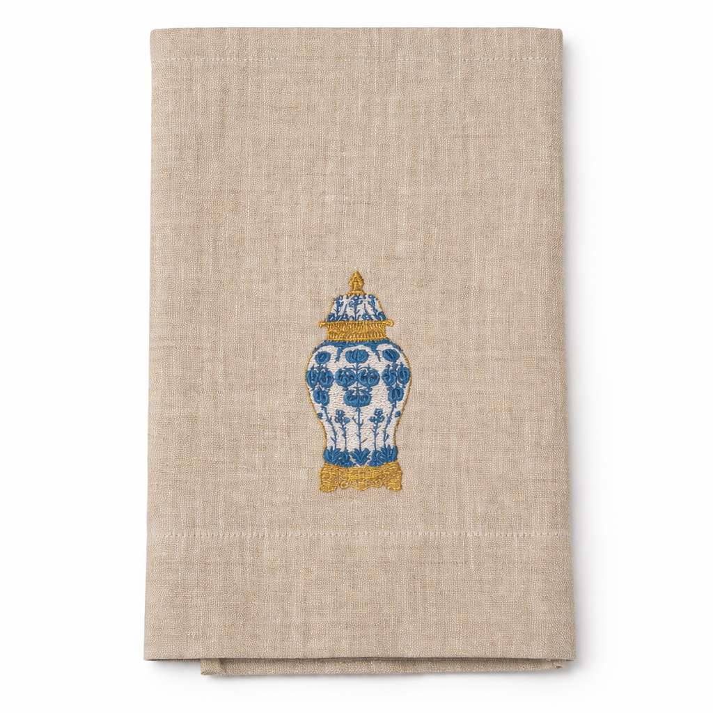 Chinoiserie Filagree Jar Linen Tea Towel, Flax