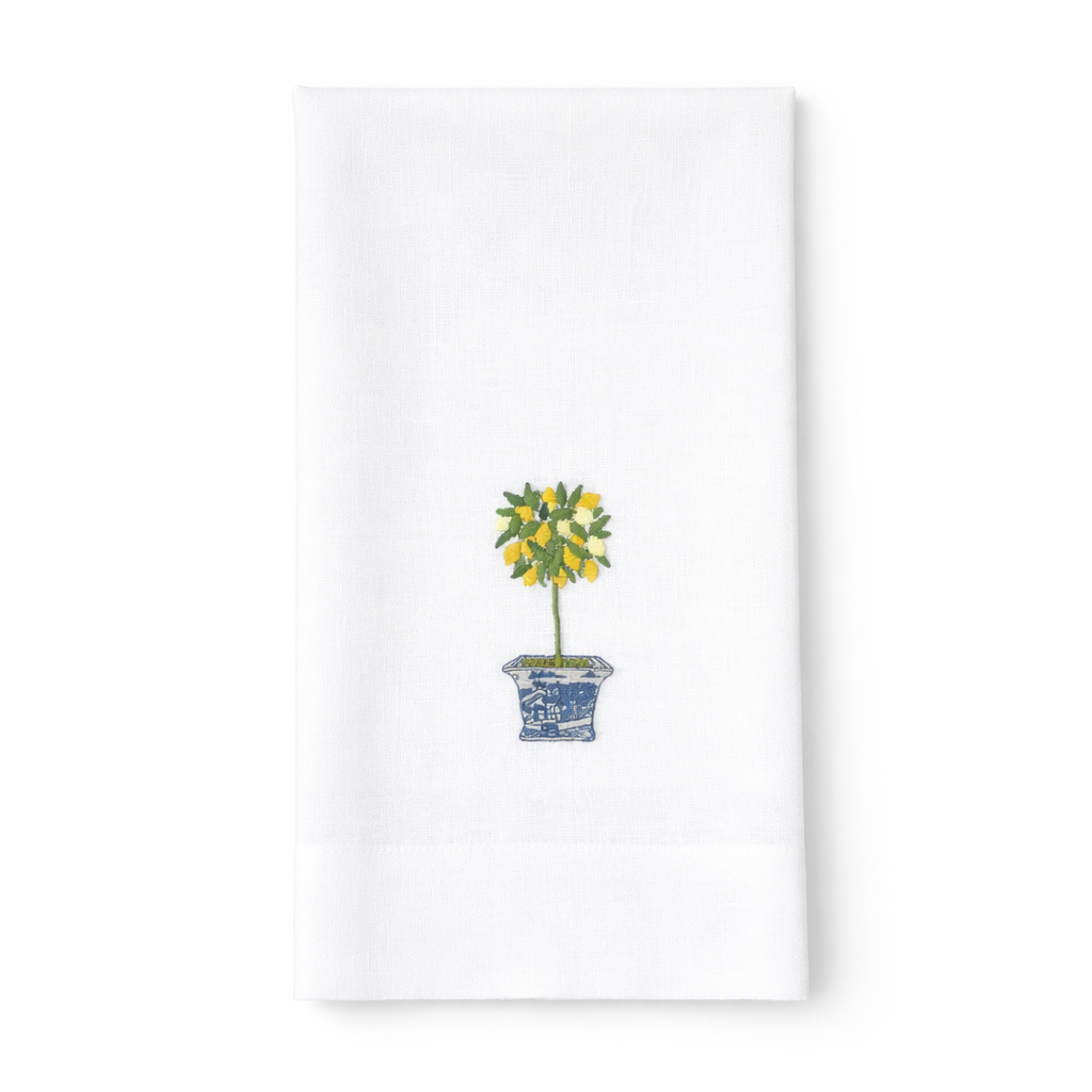 Lemon Topiary Linen Tea Towel, White