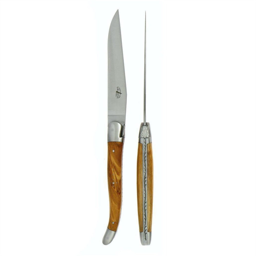 Forge de  Laguiole 2 Piece Steak Knife Set Olive Wood Handle Satin Finish