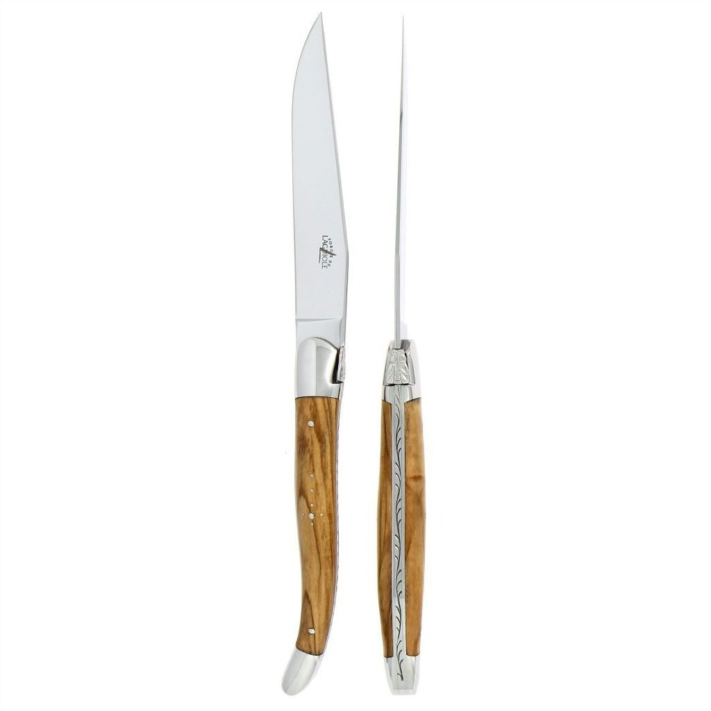 Forge de  Laguiole 2 Piece Steak Knife Set Olive Wood Handle Shiny Finish