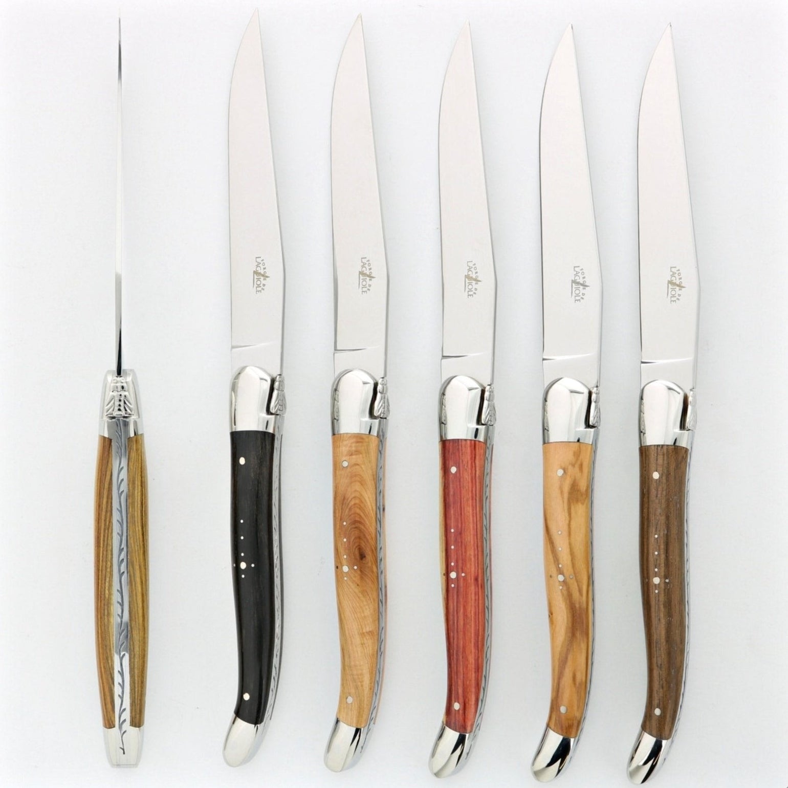 Forge de  Laguiole 6 Piece Steak Knife Set Assorted Wood Handle Shiny Finish
