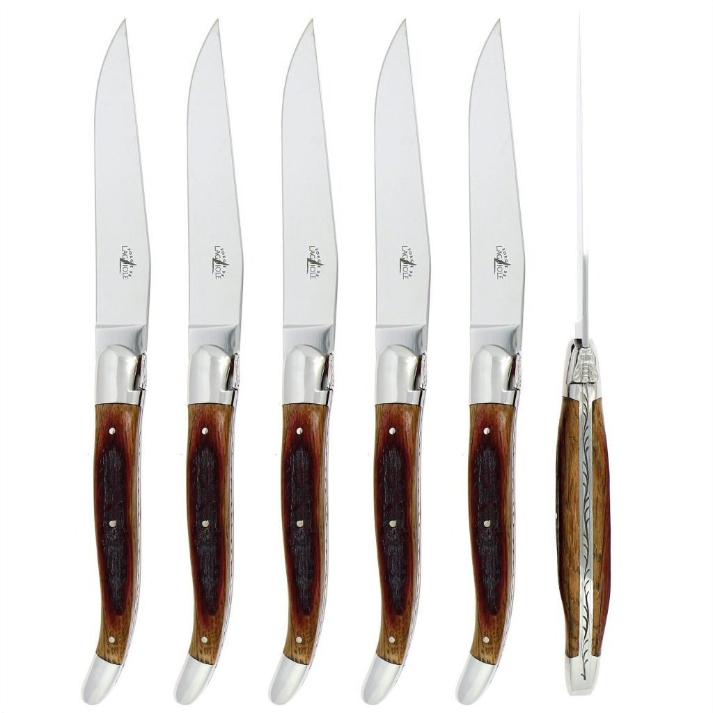 Forge de  Laguiole 6 Piece Steak Knife Set Oak Barrel Handle Shiny Finish