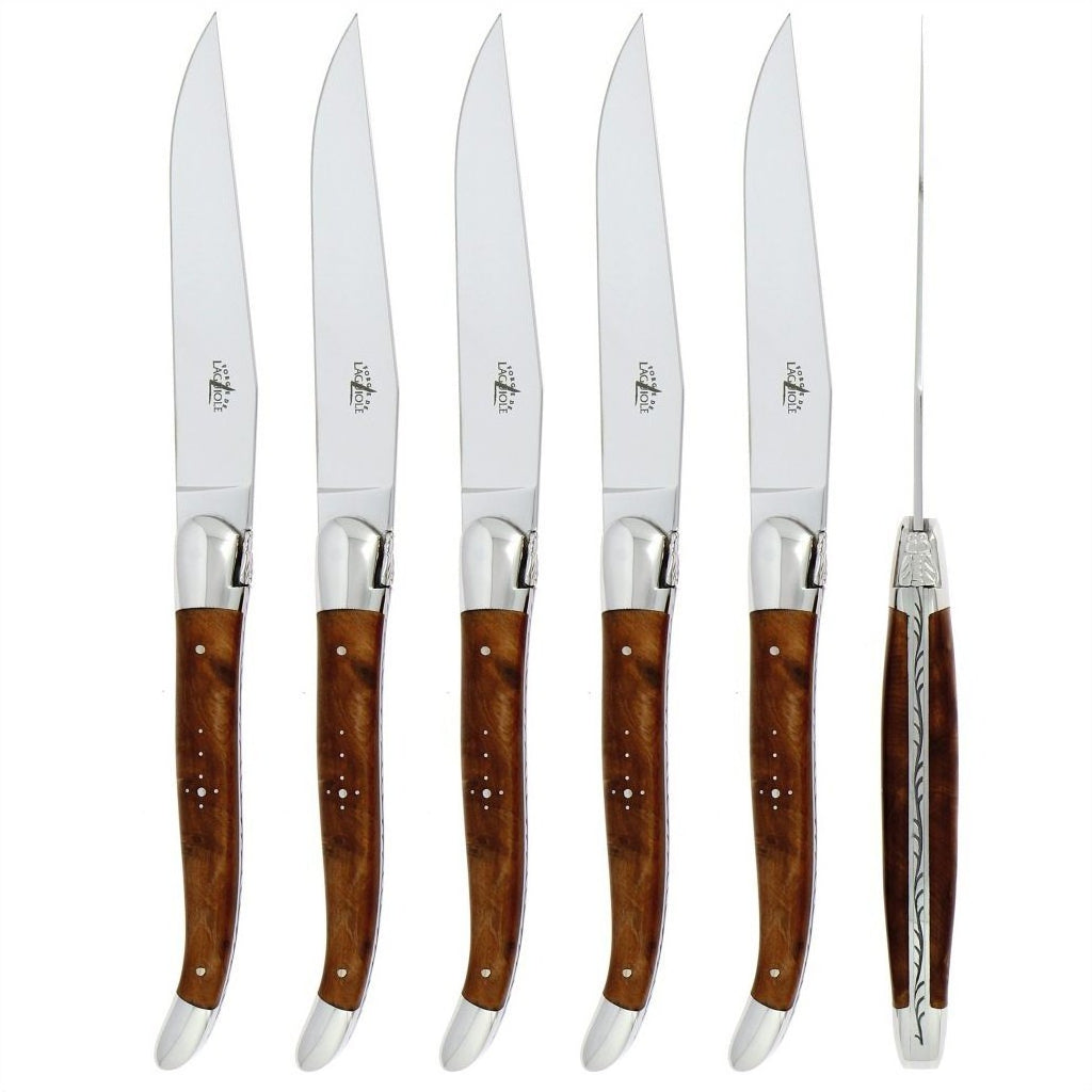 Forge de  Laguiole 6 Piece Steak Knife Set Thuya Burl Shiny Finish