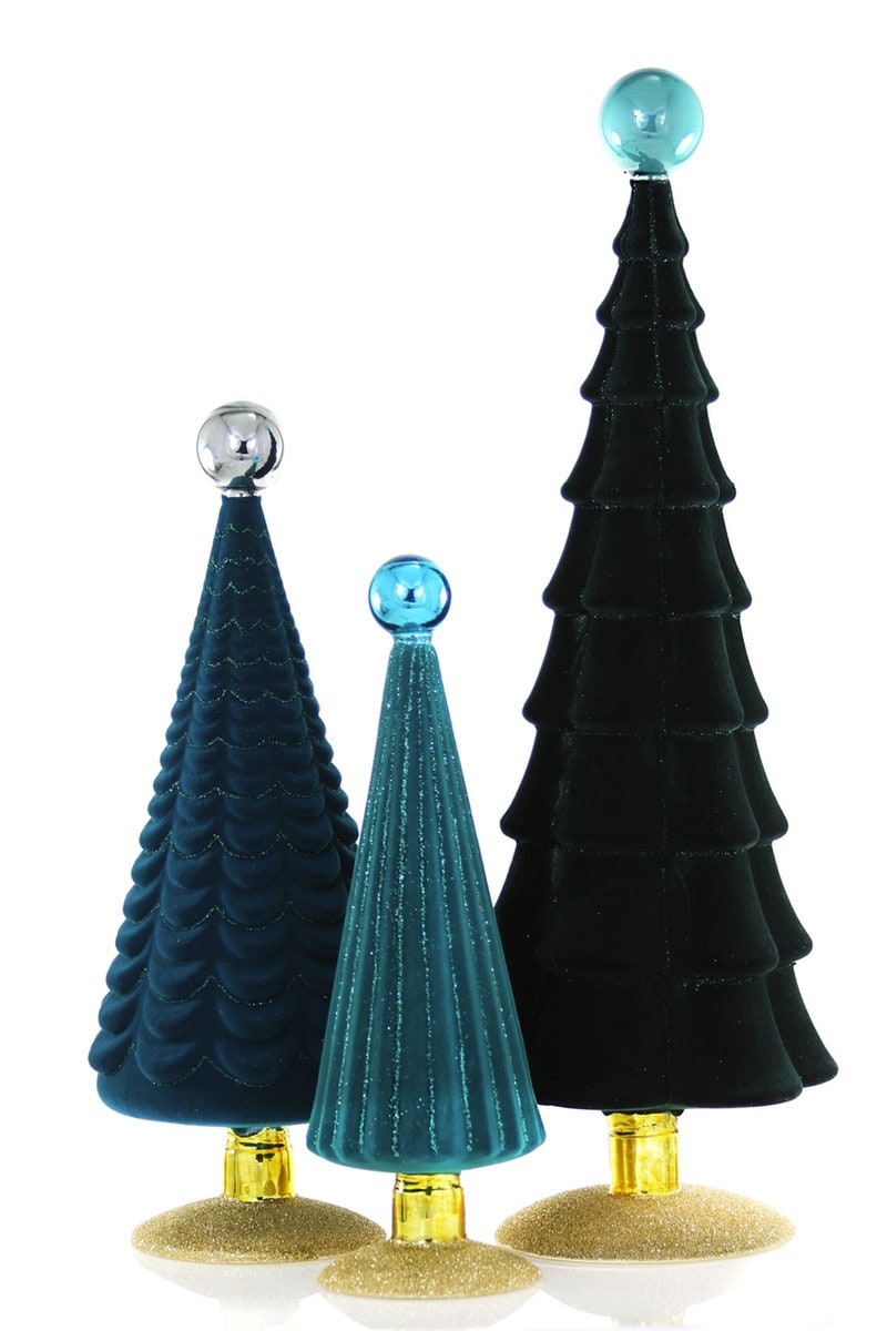 Cerulean Velveteen Glass Trees, Set of 3