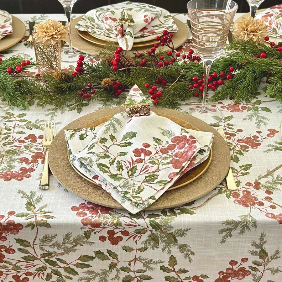 Holly Berry Metallic Gold 63" x 84" Tablecloth