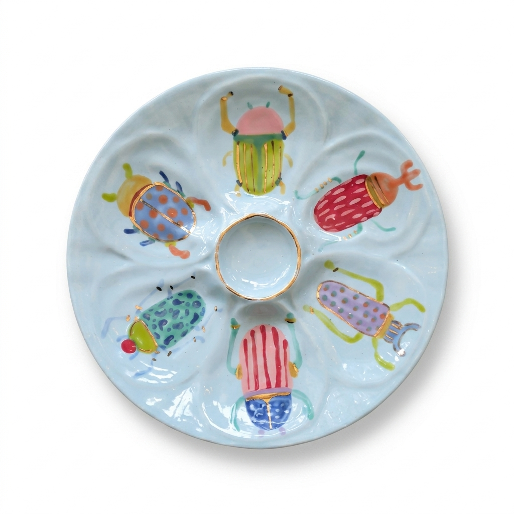 Hand-Painted Oyster Plate, Blue Beetle