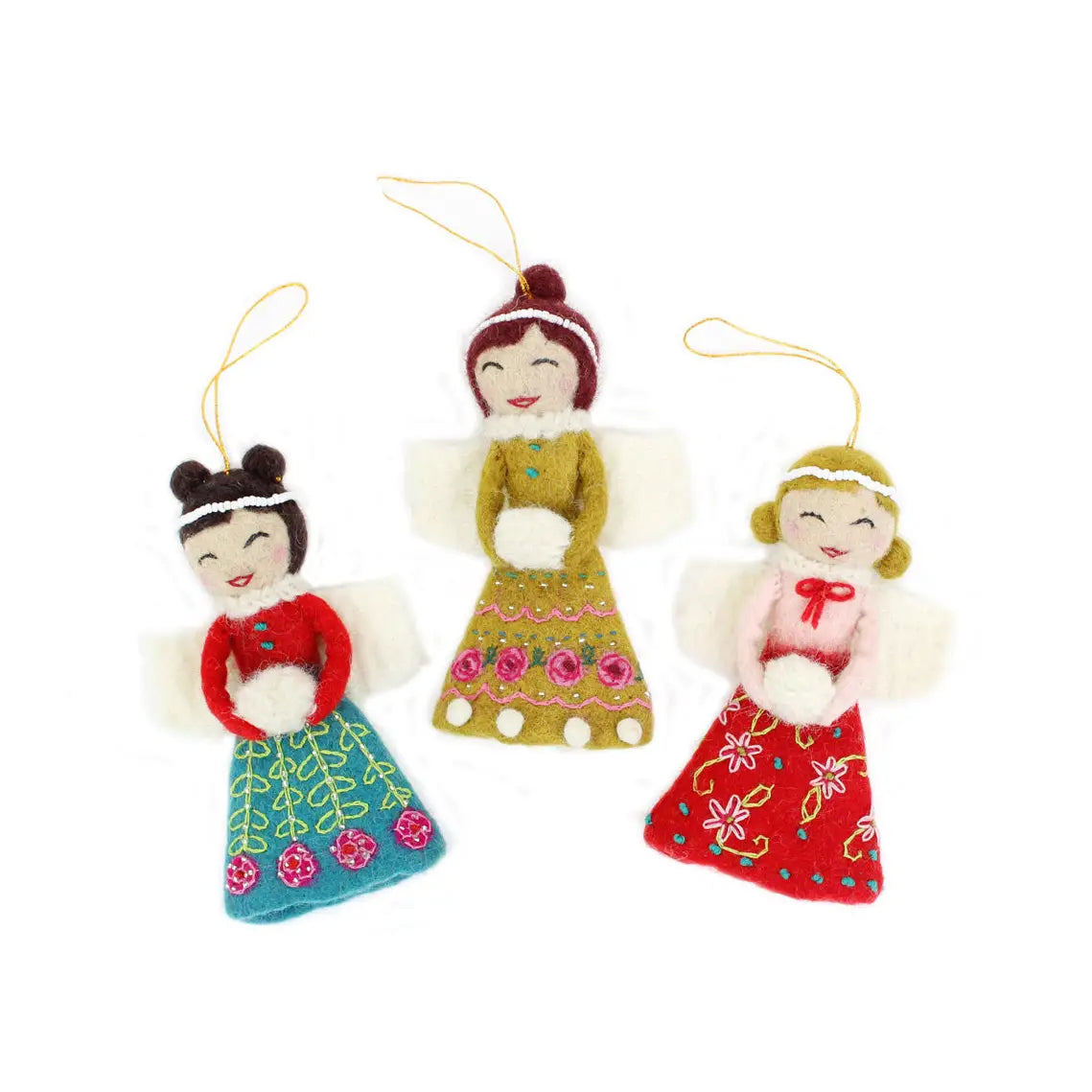 French Knot Felted Wool Angel Ornaments, Set of 3