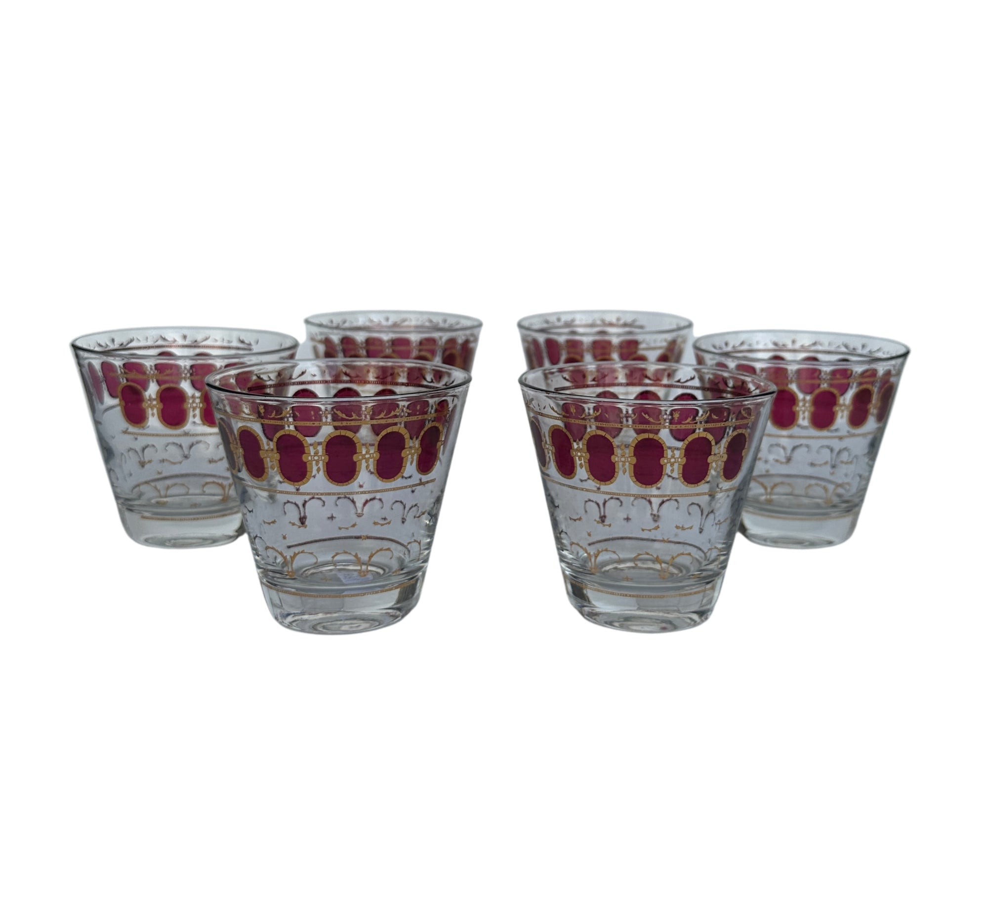 Vintage Cranberry and Gold Culver Rocks Glasses, Set of 6