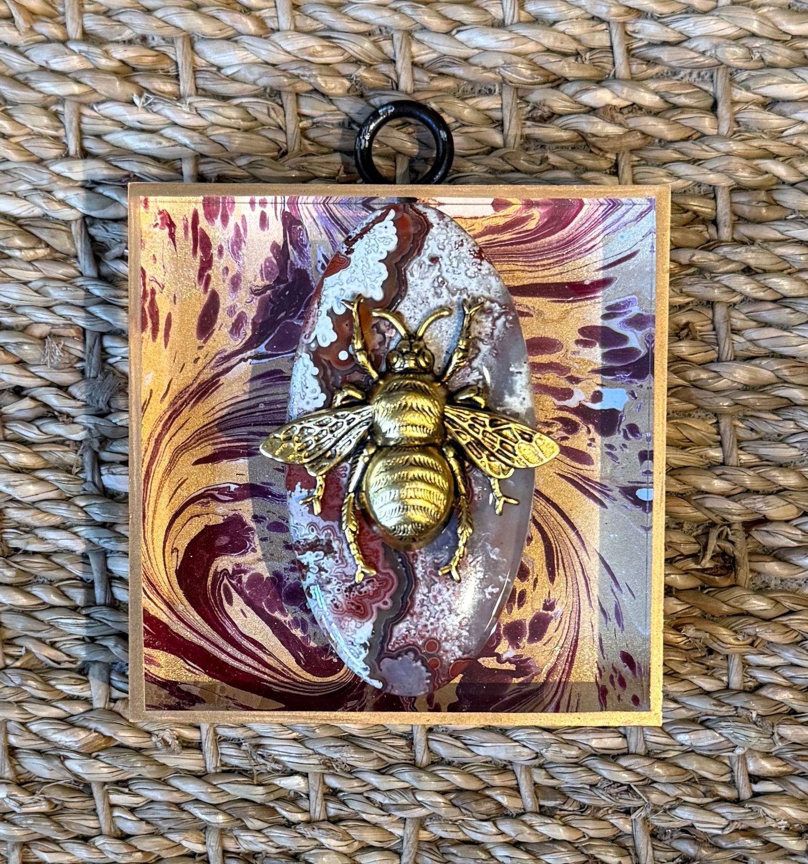 Museum Bee, Acrylic Frame with Grande Bee and Stone on Marbled Paper