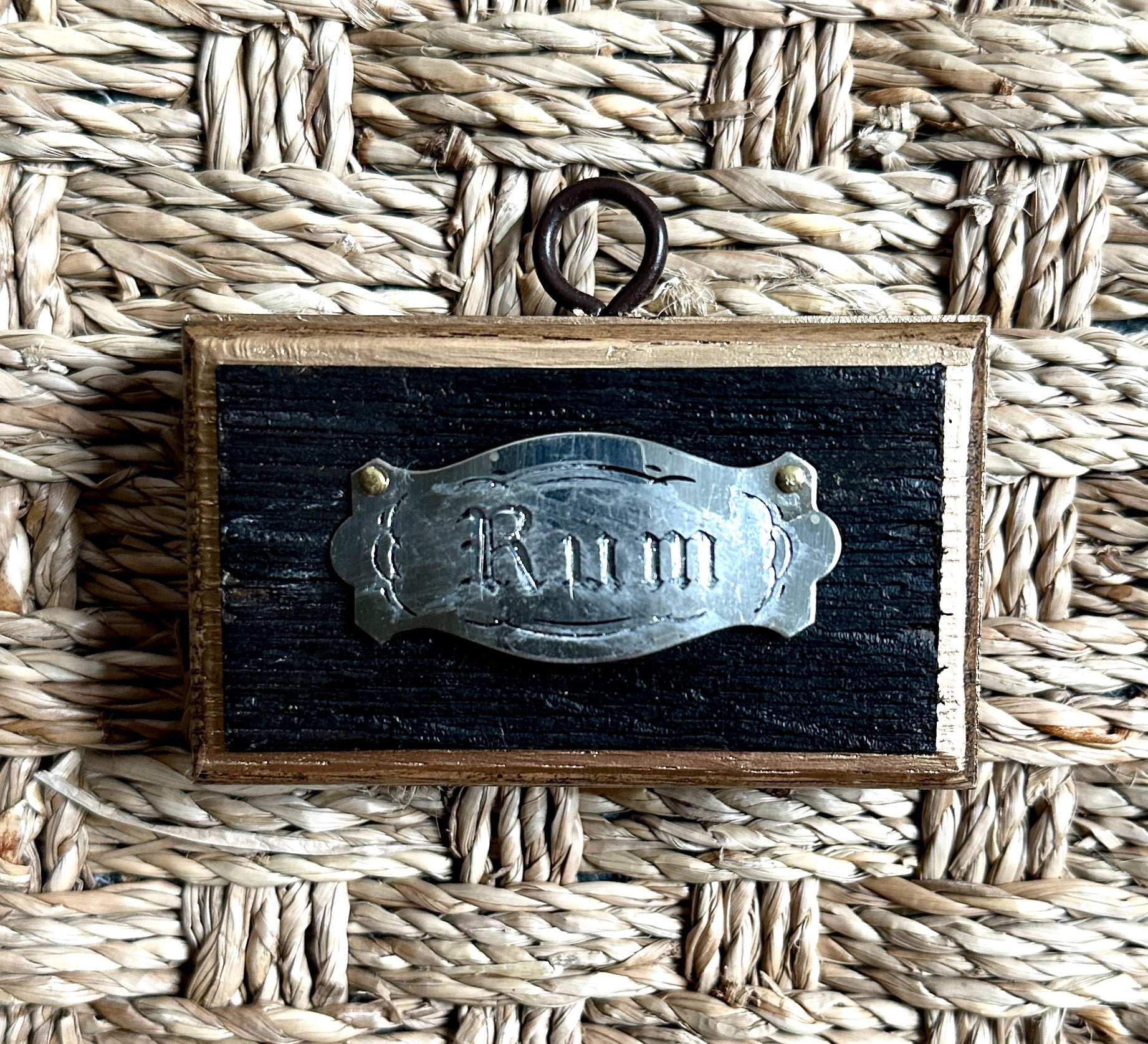 Museum Bee, Bourbon Barrel Frame with Vintage Rum Bottle Tag