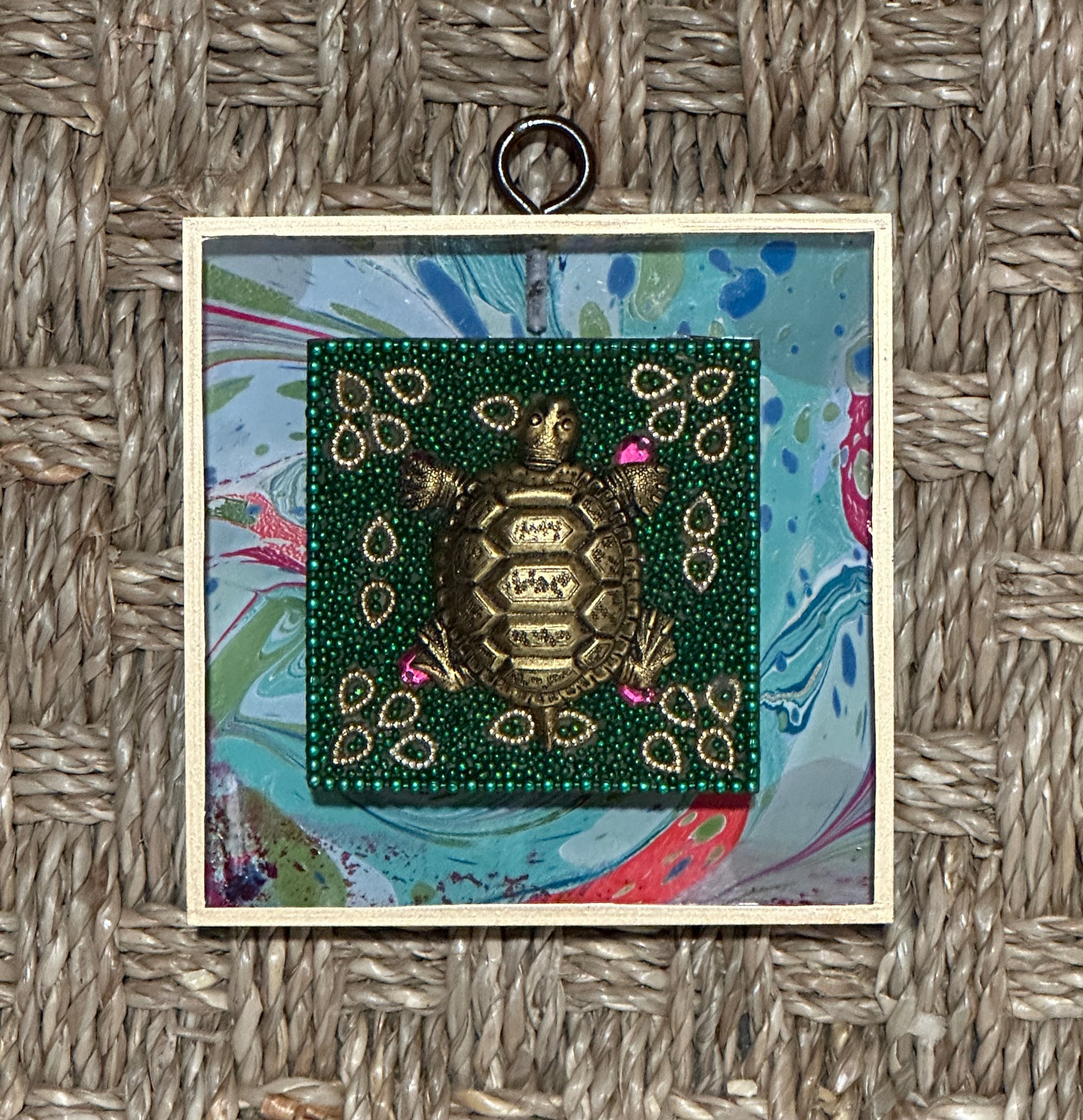 Museum Bee, Marbled Paper Backed Acrylic Frame with Turtle on Green Beaded Block