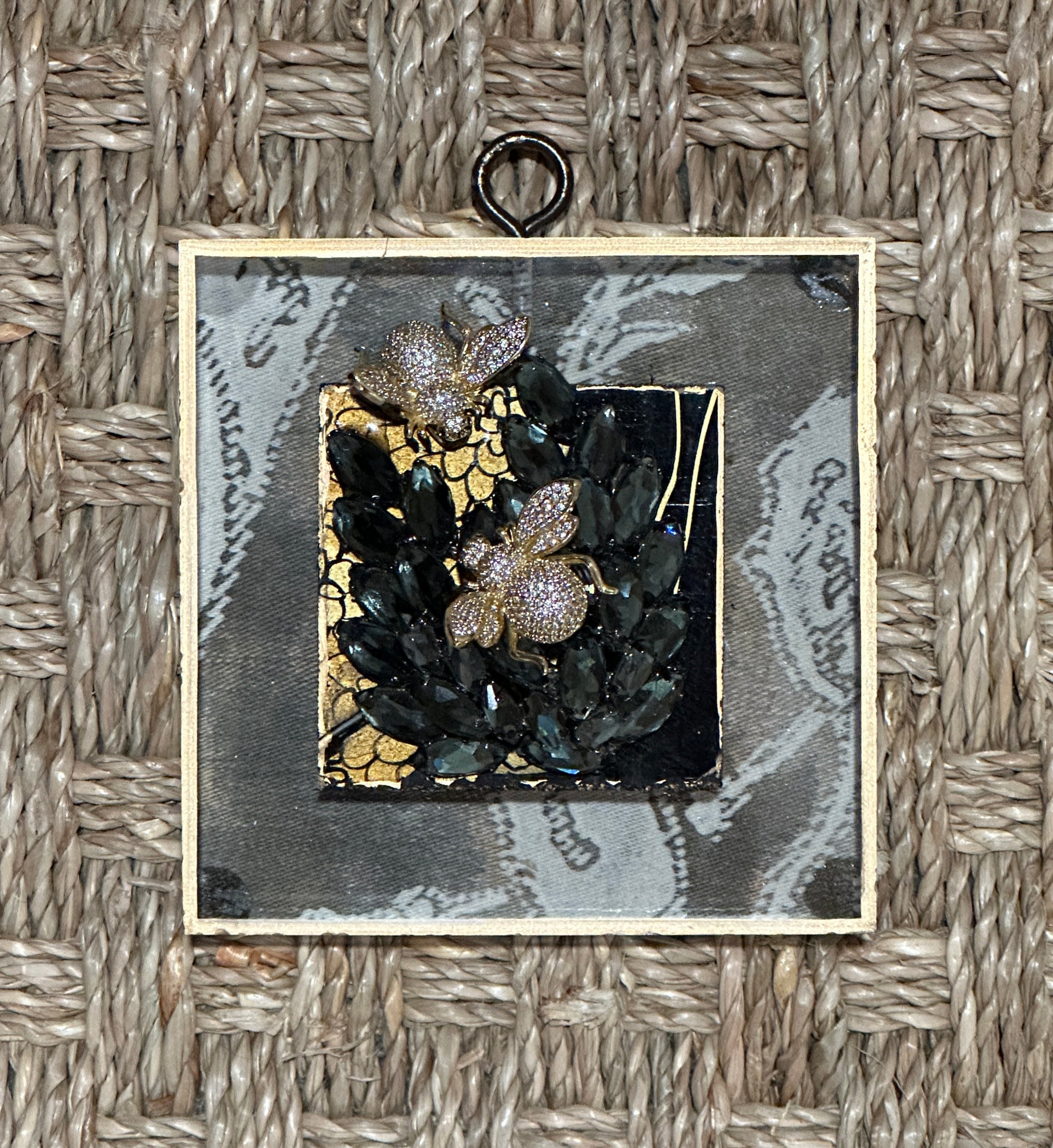 Museum Bee, Fortuny Fabric Backed Acrylic Frame with Sparkle Bees and Brooch on Coromandel
