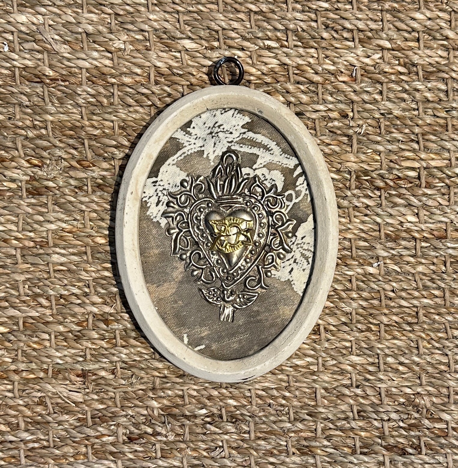 Museum Bee, Painted Frame with Sacred Heart on Fortuny Fabric