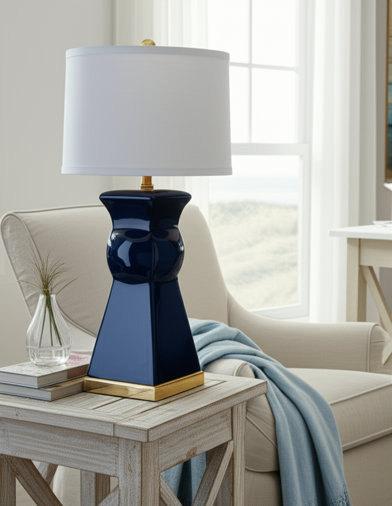 Alcott Table Lamp, Navy Blue & White
