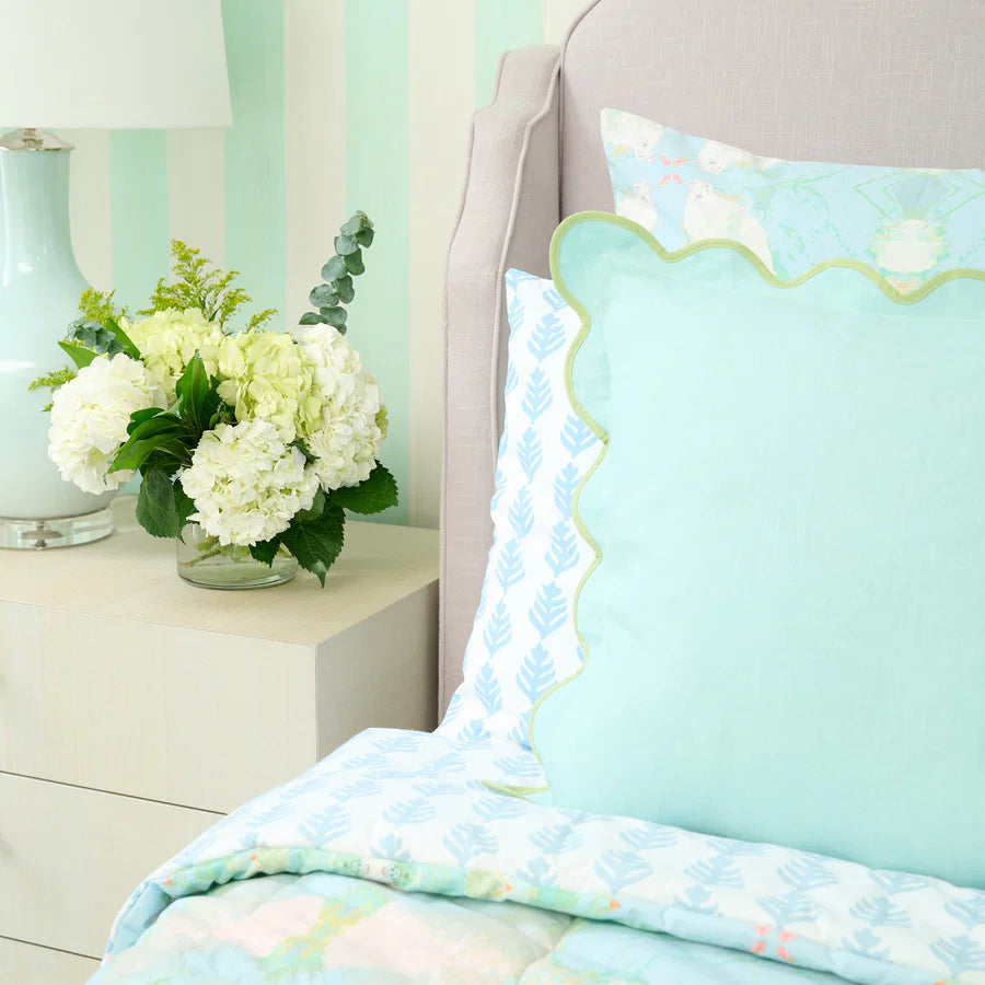 Charlotte Scalloped Linen Pillow, Blue & Green