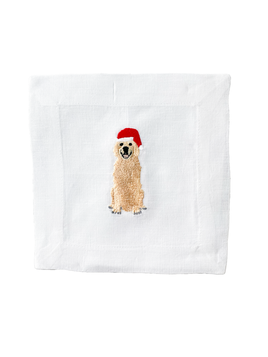 Santa Golden Retriever Embroidered Cocktail Napkins