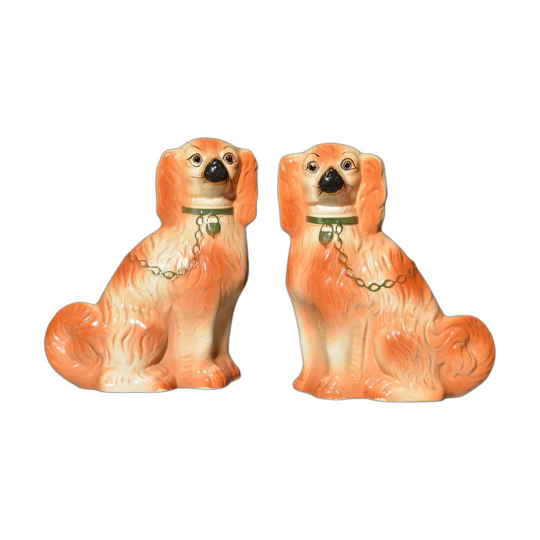 Vintage Staffordshire Spaniels with Glass Eyes, Pair