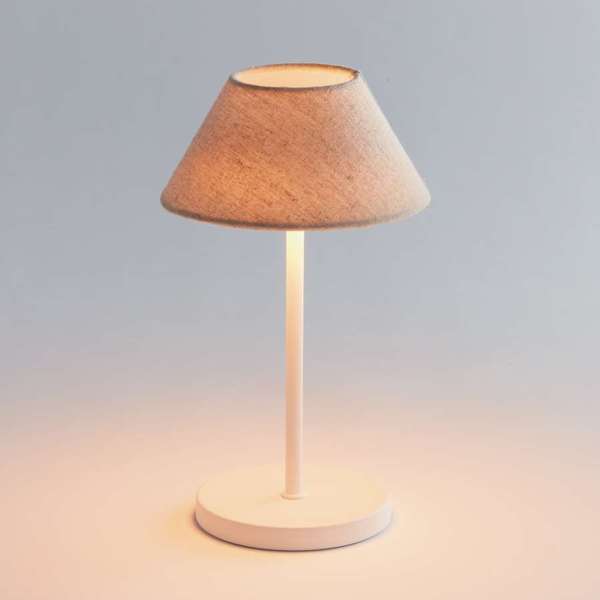 Oxley White Short Cordless LED Lamp, Buff Linen Shade