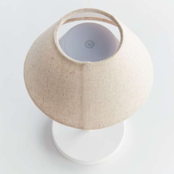 Oxley White Short Cordless LED Lamp, Buff Linen Shade