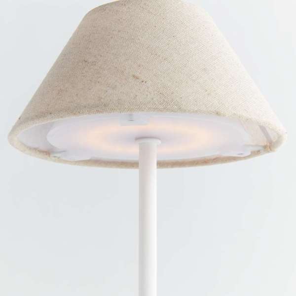 Oxley White Short Cordless LED Lamp, Buff Linen Shade