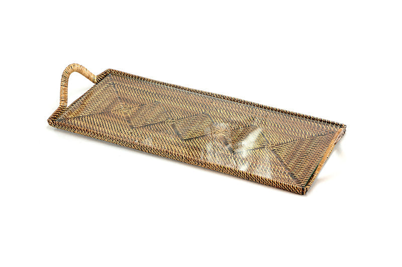 Rattan Rectangular Cocktail Tray with Glass