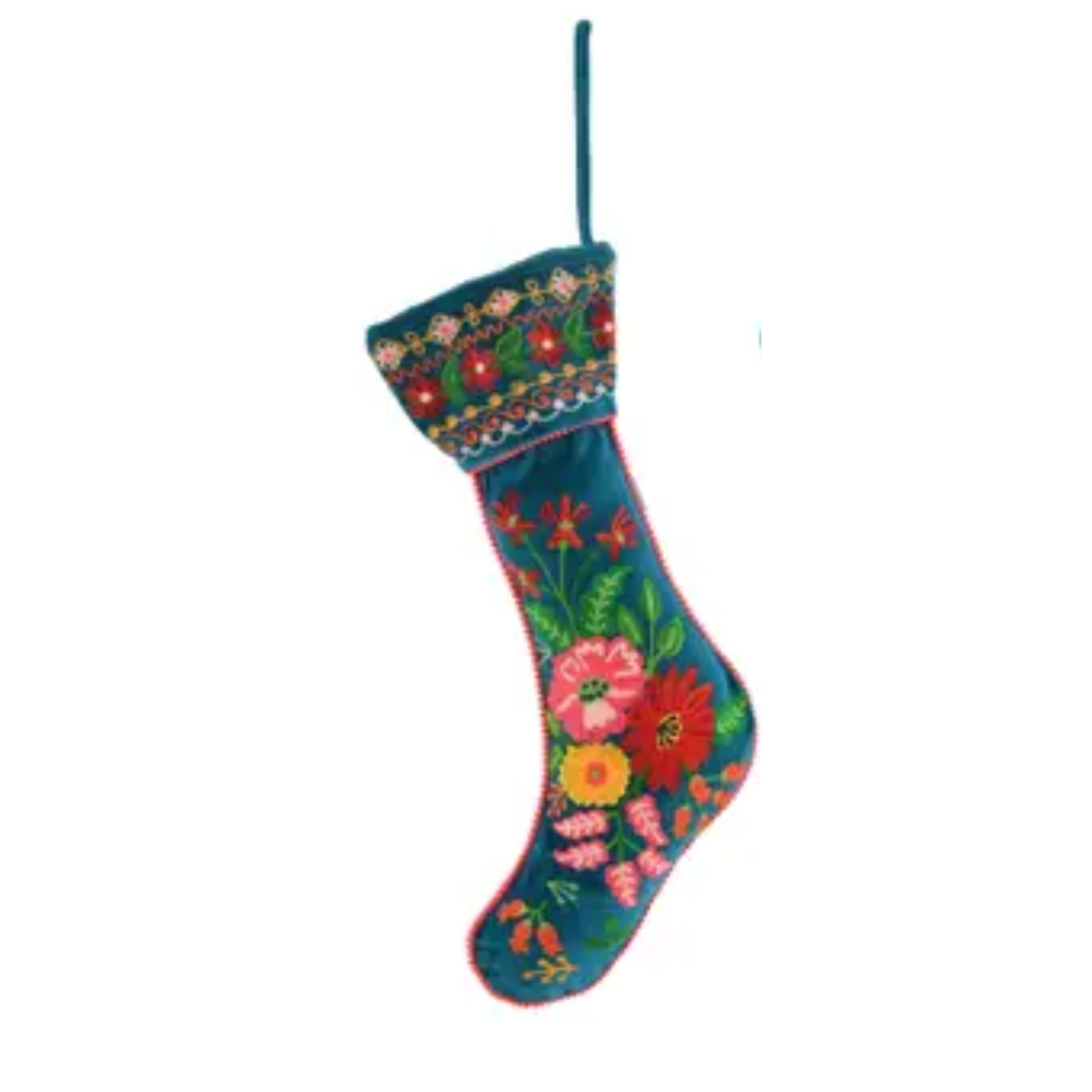 Floral Embroidered Stocking, Blue