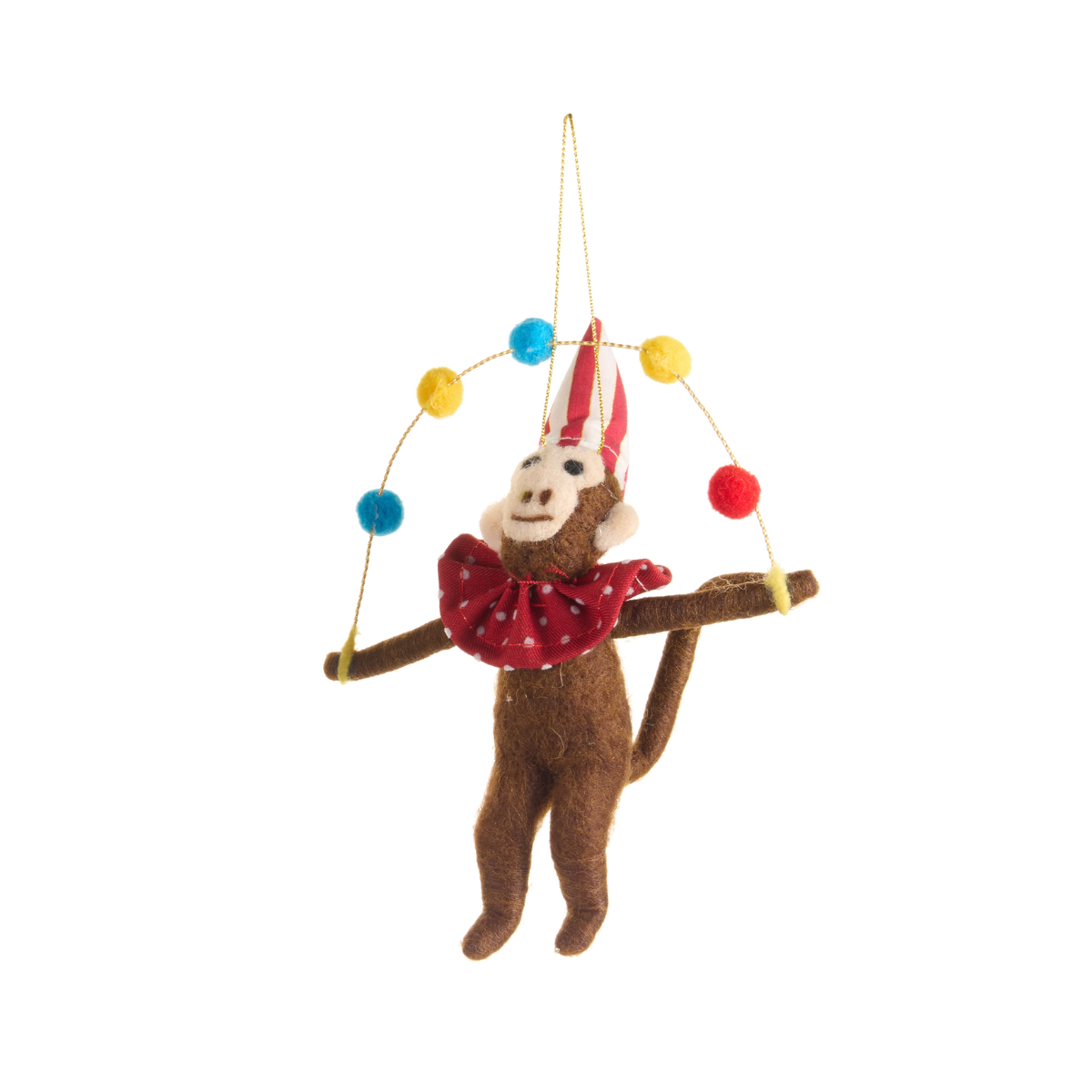 Circus Monkey Felt Ornament, Striped Hat