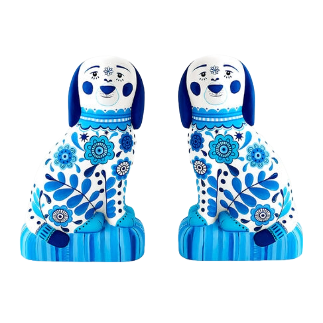 Mod Blue & White Papier Mache Spaniels