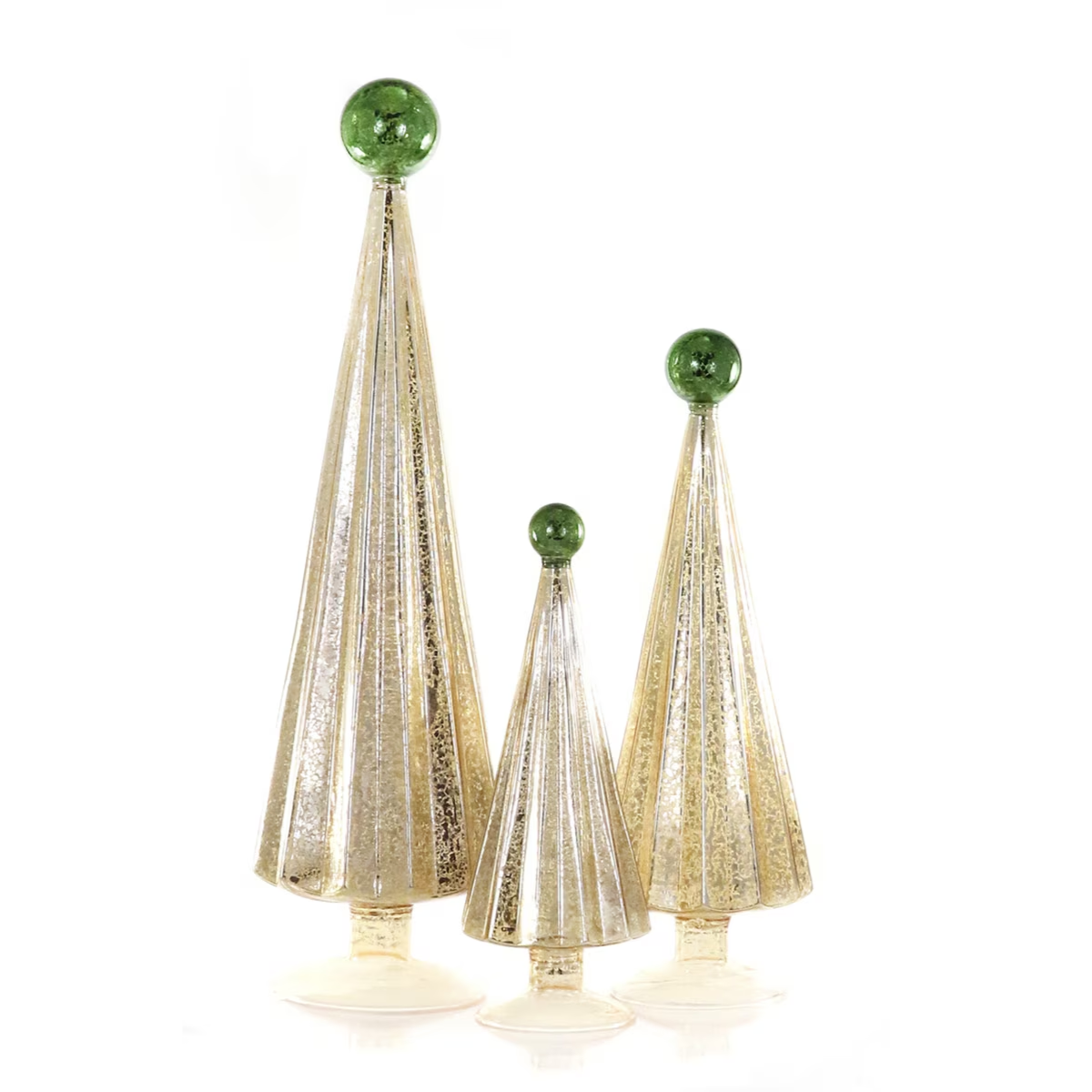 Golden Green Pleated Glass Trees, Set of 3