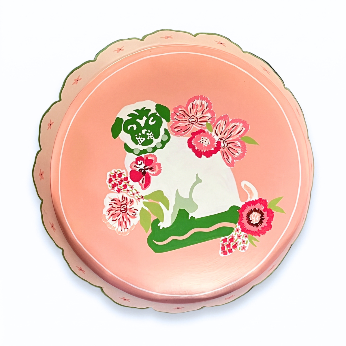Madcap Cottage Hand-Painted Tole Pug Tray, Pink & Green