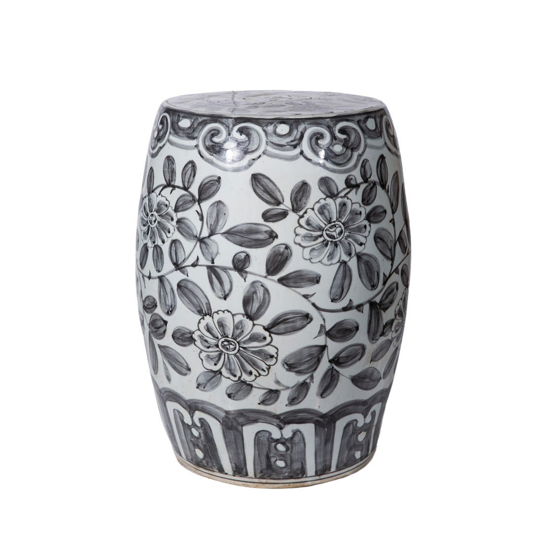 Peony Vine Garden Stool, Charcoal & White