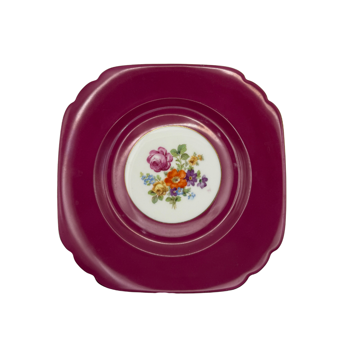 Vintage Czech Floral Plate, Burgundy