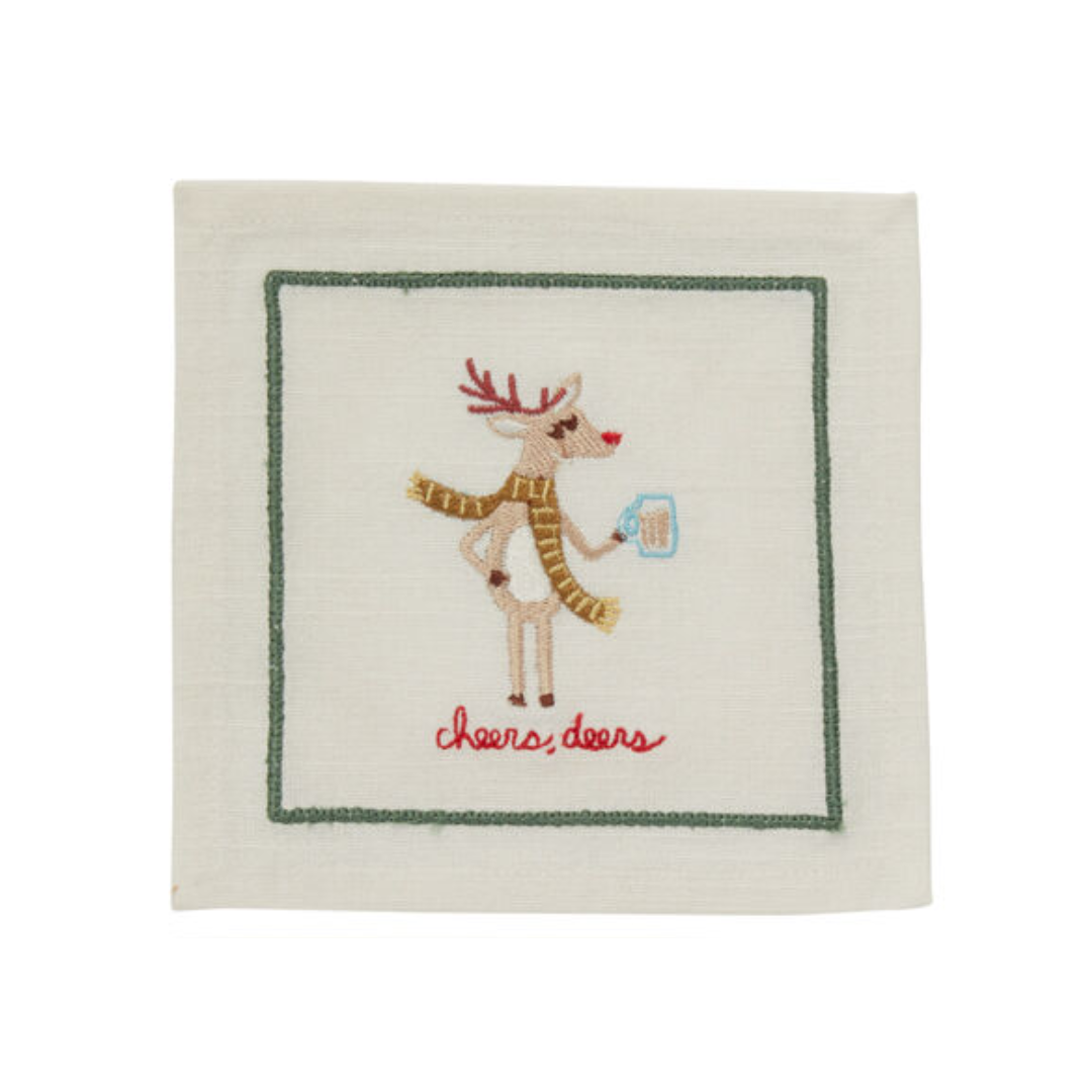 Jolly Deer Embroidered Cocktail Napkins, Set of 4