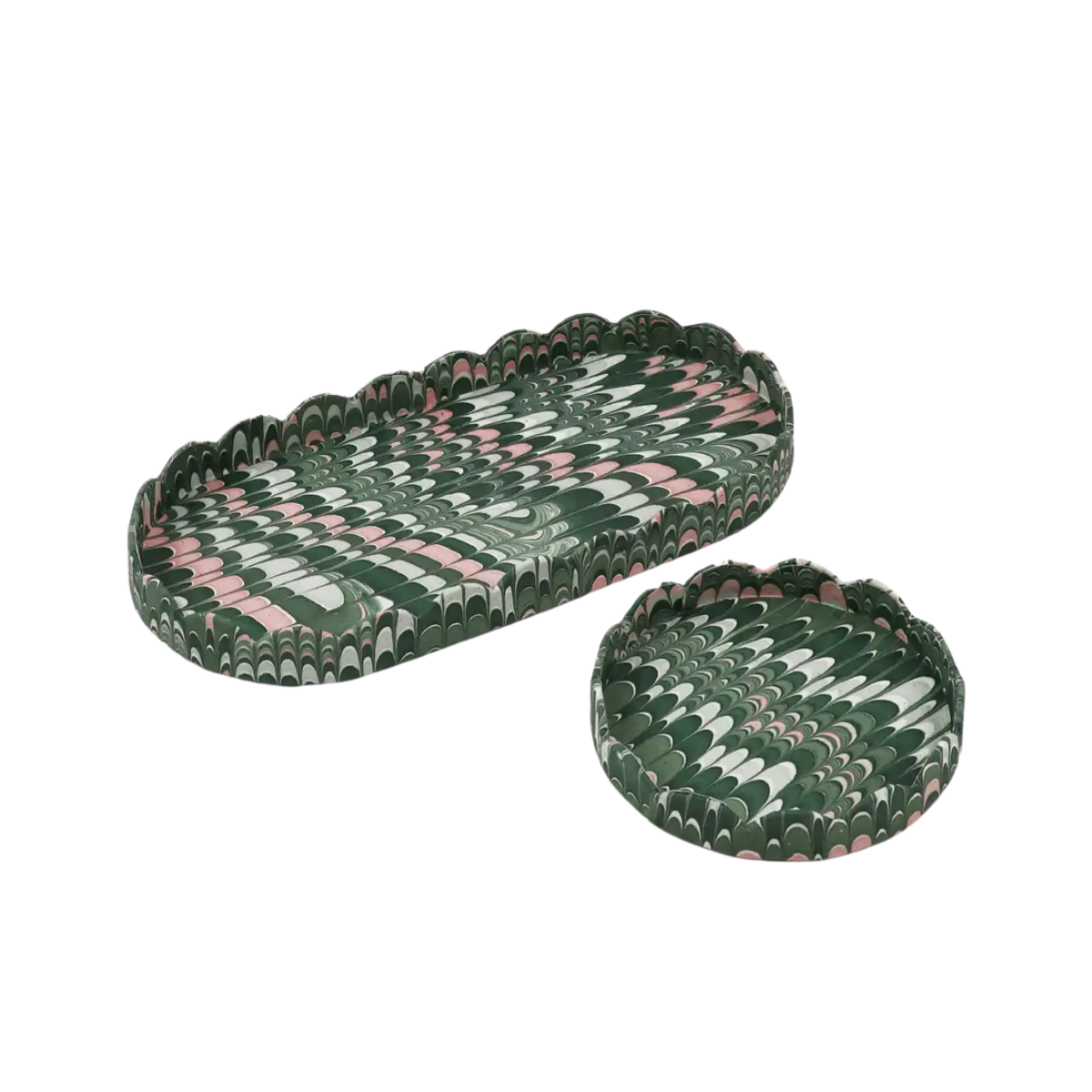 Caetlin Scalloped Trays, Green Marble, Set of 2