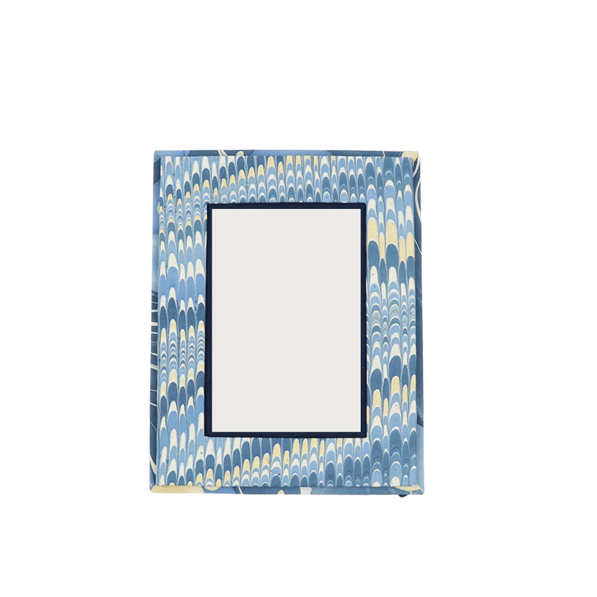 A rectangular picture frame with a blue marbled paper design, crafted from recycled cotton paper, with a clear glass front and a white matting inside.