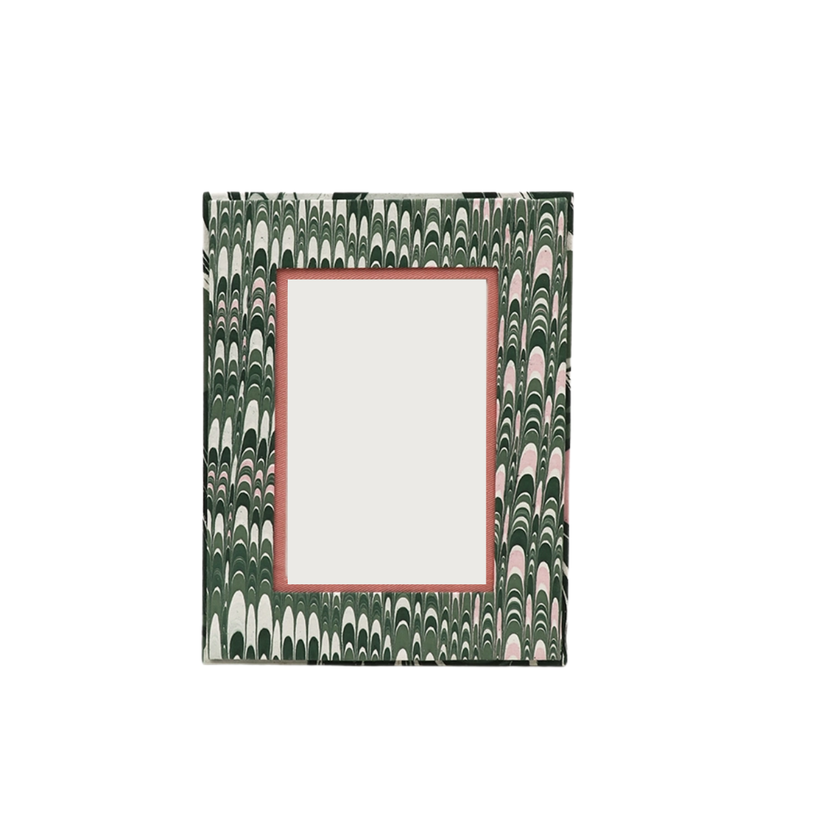 A rectangular picture frame with a green marbled pattern and a white matting inside.