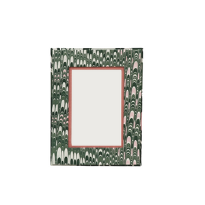 A rectangular picture frame with a green marbled pattern and a white matting inside.