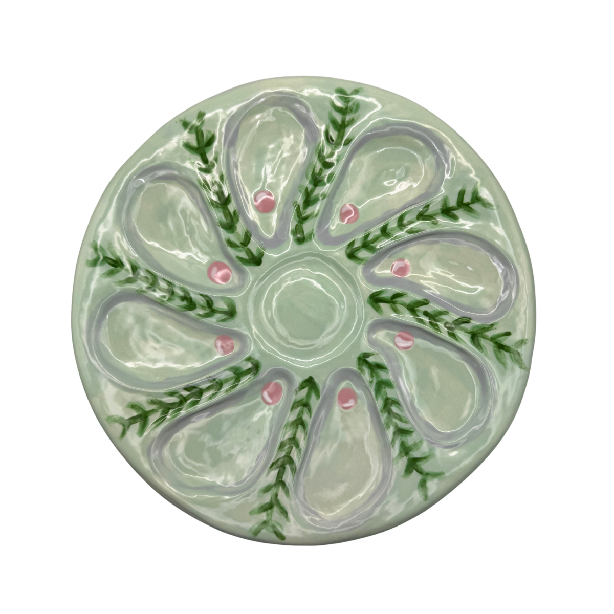 Hand-Painted Oyster Plate, Celadon Vines