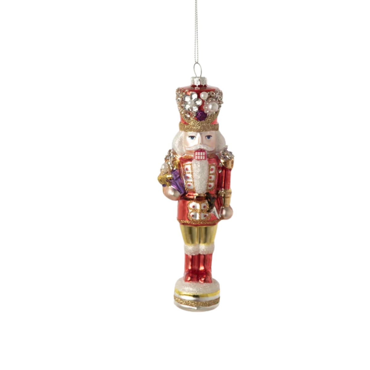Stately Nutcracker Glass Ornament, Red
