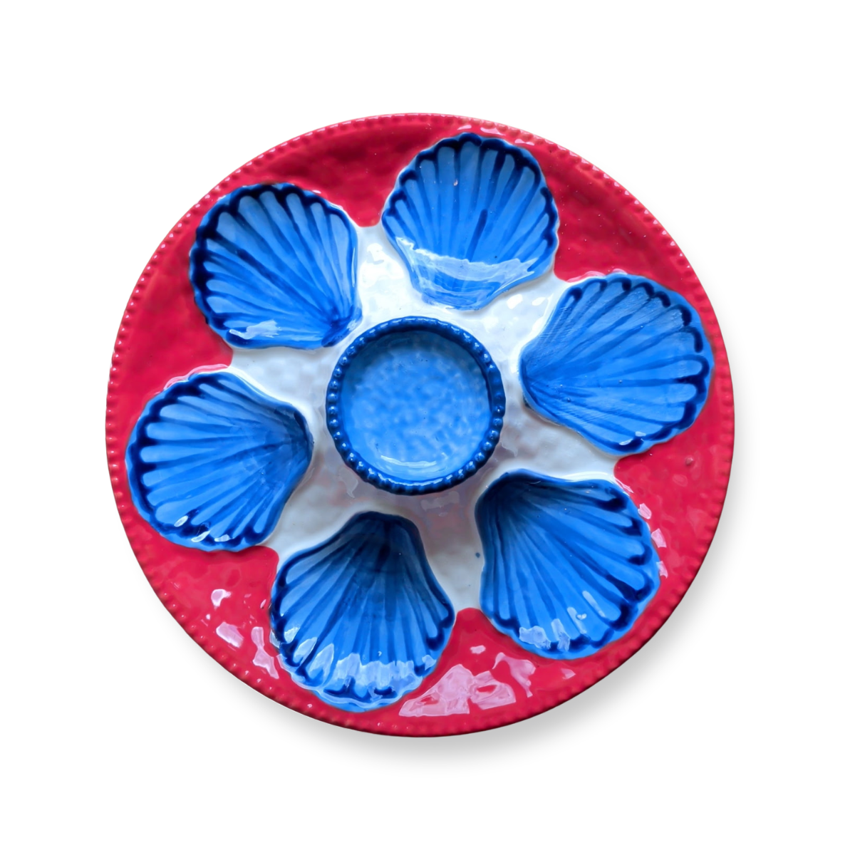 Hand-Painted Oyster Plate, Blue & Red