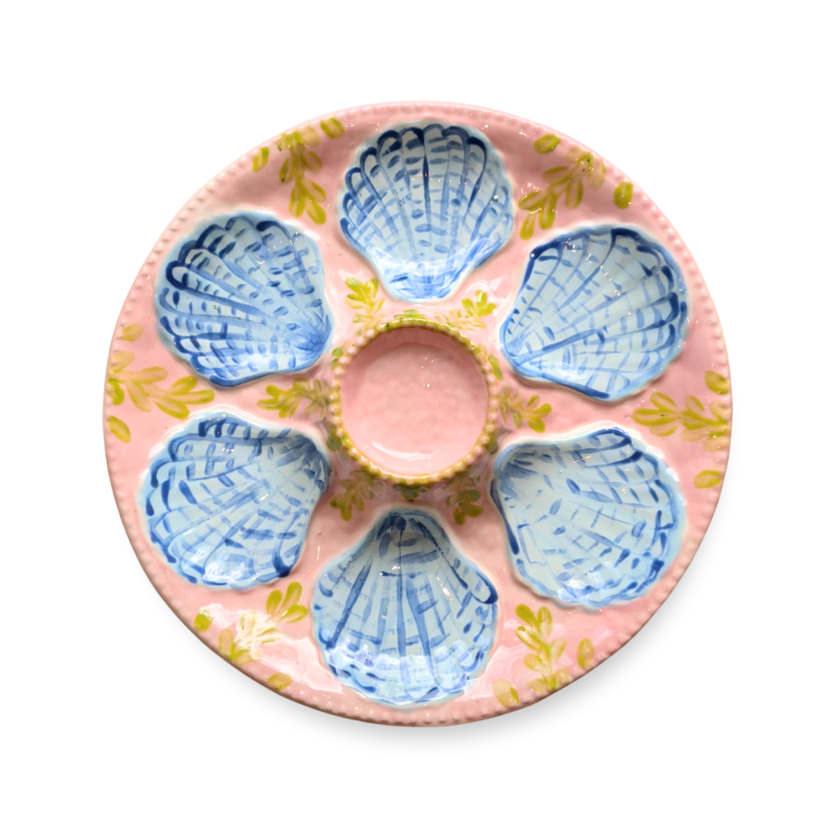 Hand-Painted Oyster Plate, Peach & Blue
