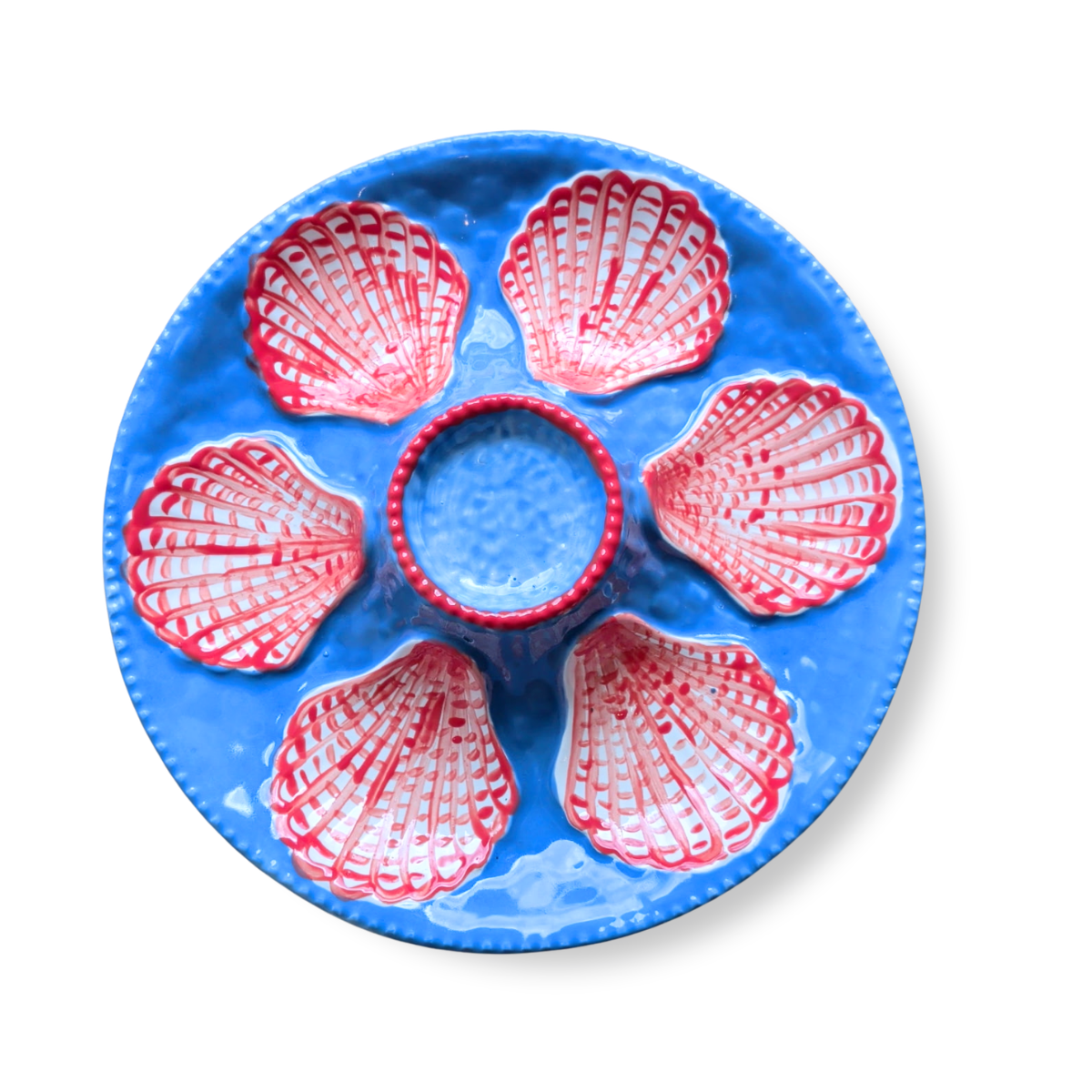 Hand-Painted Oyster Plate, Peppy Blue & Red
