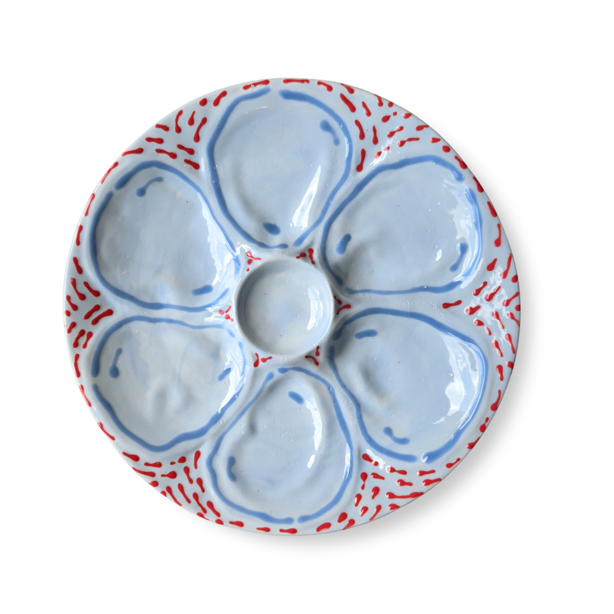 Hand-Painted Oyster Plate, Red Dash & Blue